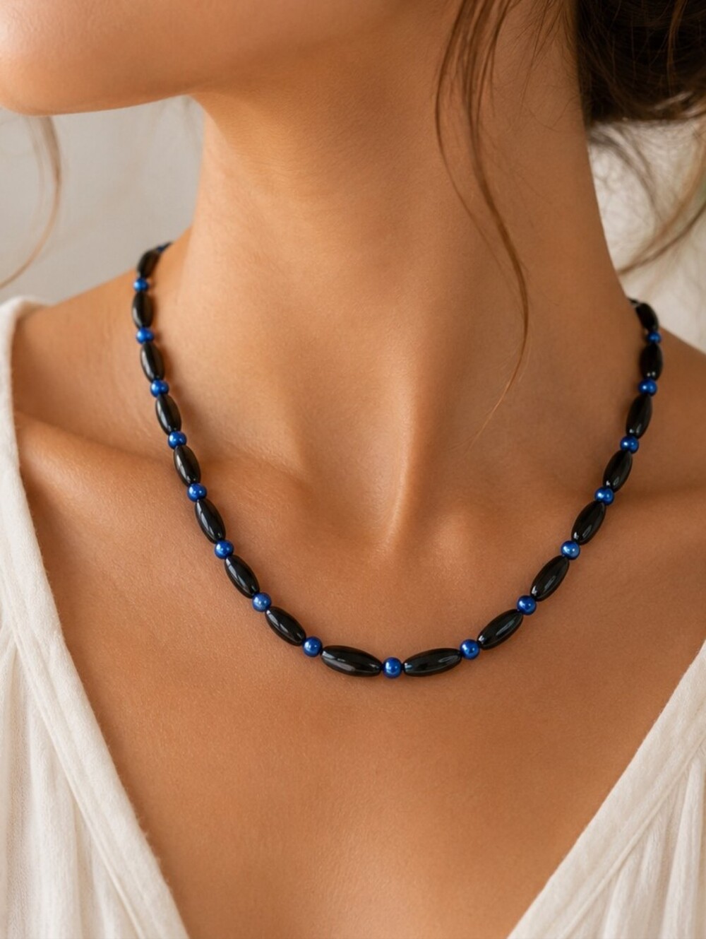 Blue Black Beaded Station Necklace Minimalist Single Strand 18"